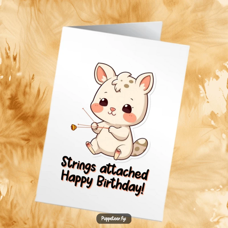 Funny Free Printable Birthday Card featuring a cheerful animal concentrating on puppet strings, perfect for a DIY downloadable gift.