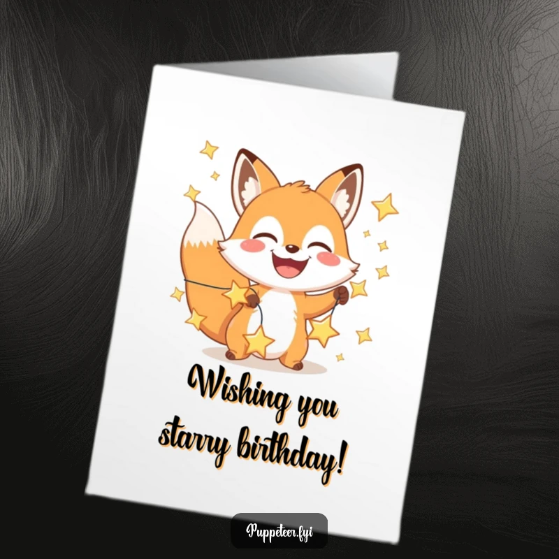 Funny Free Printable Birthday Card: A happy fox with a wide grin manipulates a string of shining stars, wishing them a magical birthday.