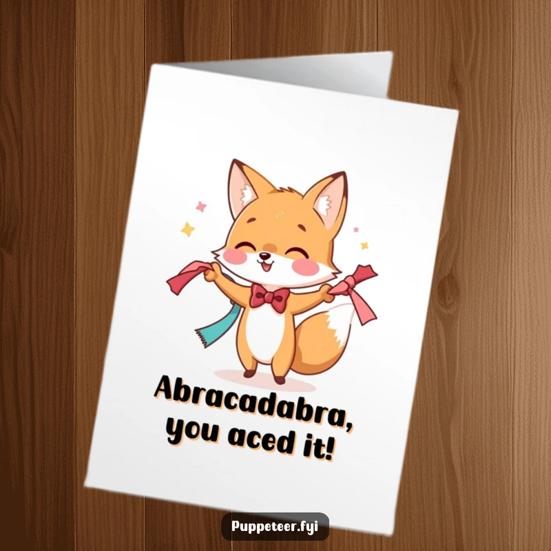 Free Printable Congratulations Card: A fox in a bowtie performing a magic trick with scarves, a wondrous and funny downloadable greeting for success.