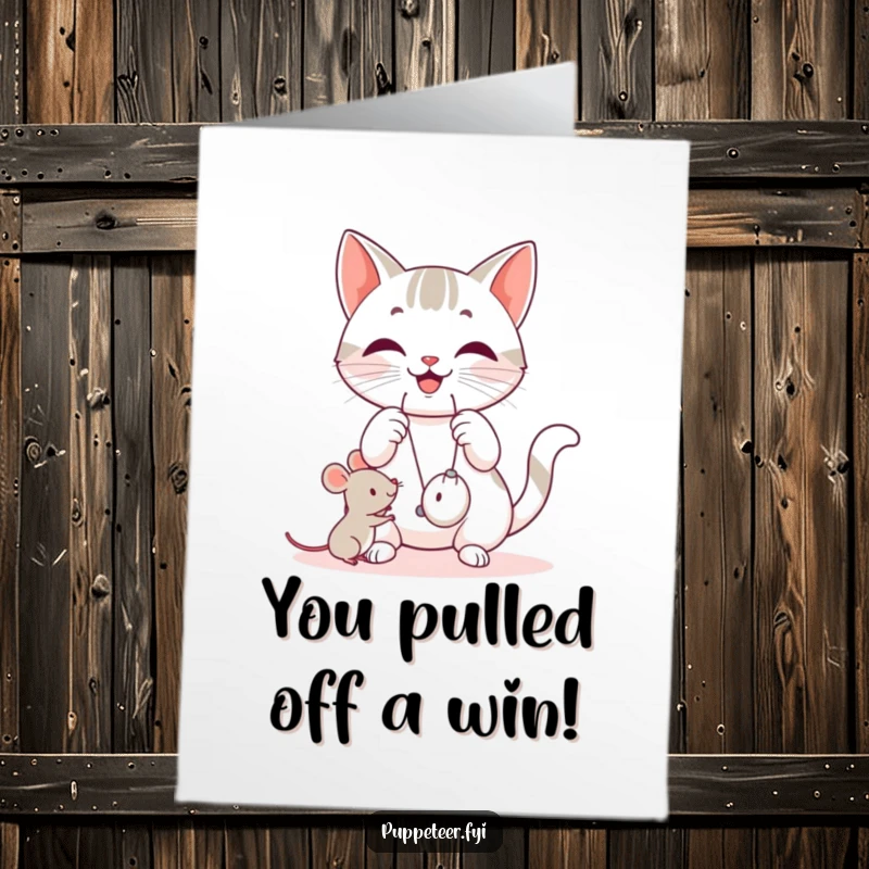 Funny Free Printable Congratulations Card: A happy cat manipulates strings, causing a small mouse toy to jump, celebrating your big win.
