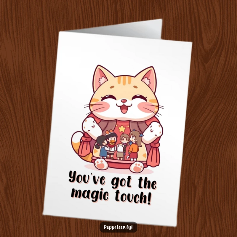 Funny Free Printable Congratulations Card with a cat showing off a puppet show stage, perfect for celebrating big wins.