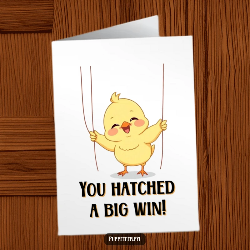 Funny Free Printable Congrats Card: Giggling chick enthusiastically operates puppet strings for a small, delighted audience.