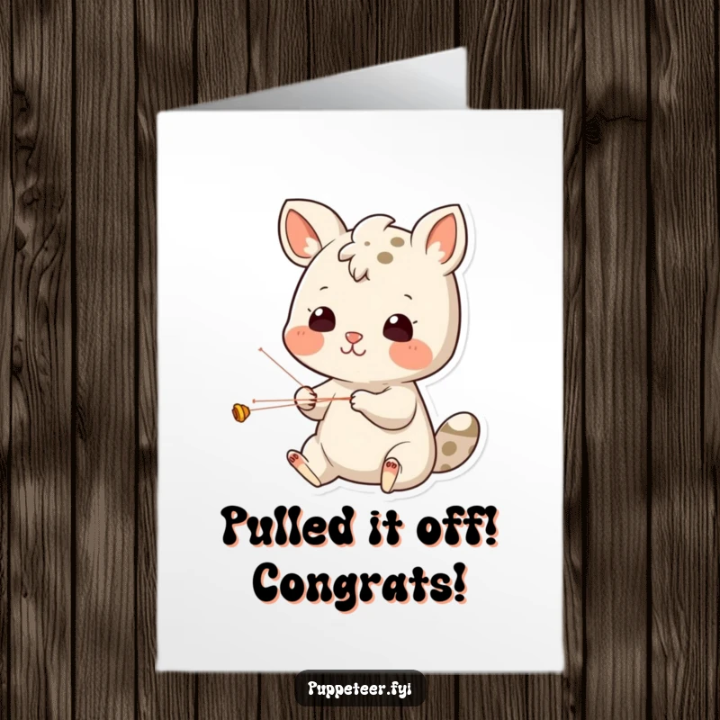 Funny Free Printable Congrats Card showing a cheerful animal mastering puppet strings, ideal for a DIY downloadable gift.