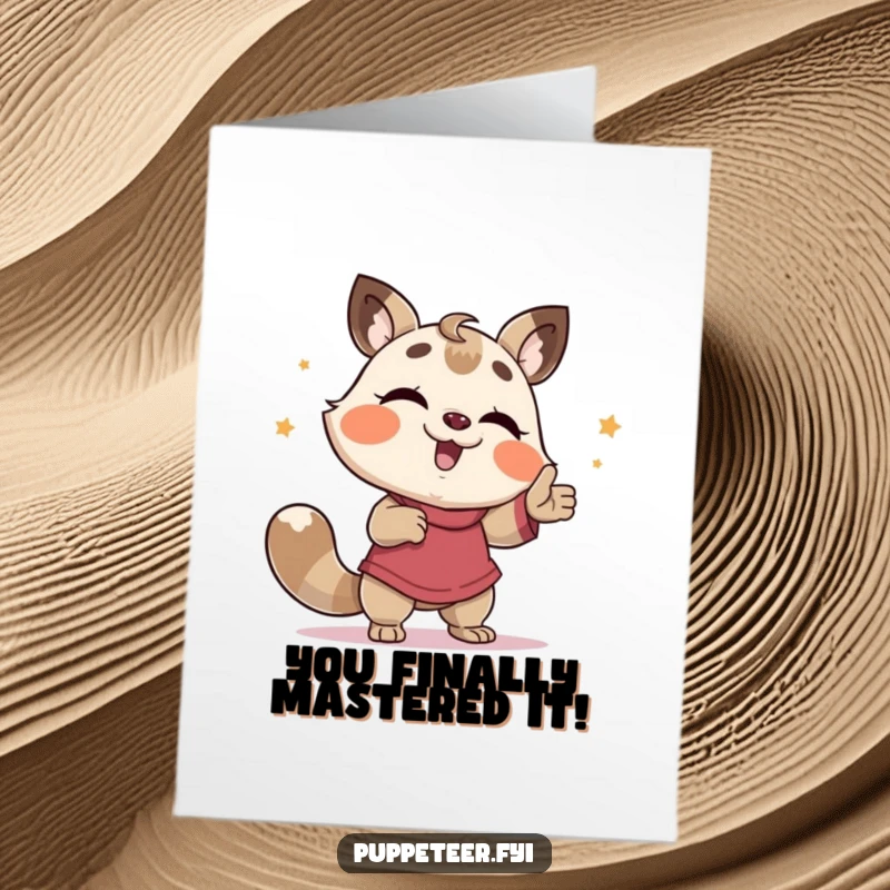 Funny Free Printable Congratulations Card: Giggling animal makes puppet dance silly, celebrating success with humor.