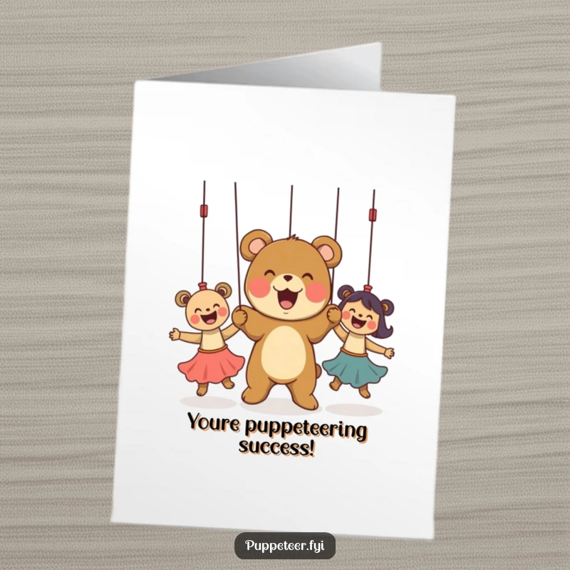 Funny Free Printable Congratulations Card: A bear cub happily operates three dancing puppets, celebrating an achievement with fun.