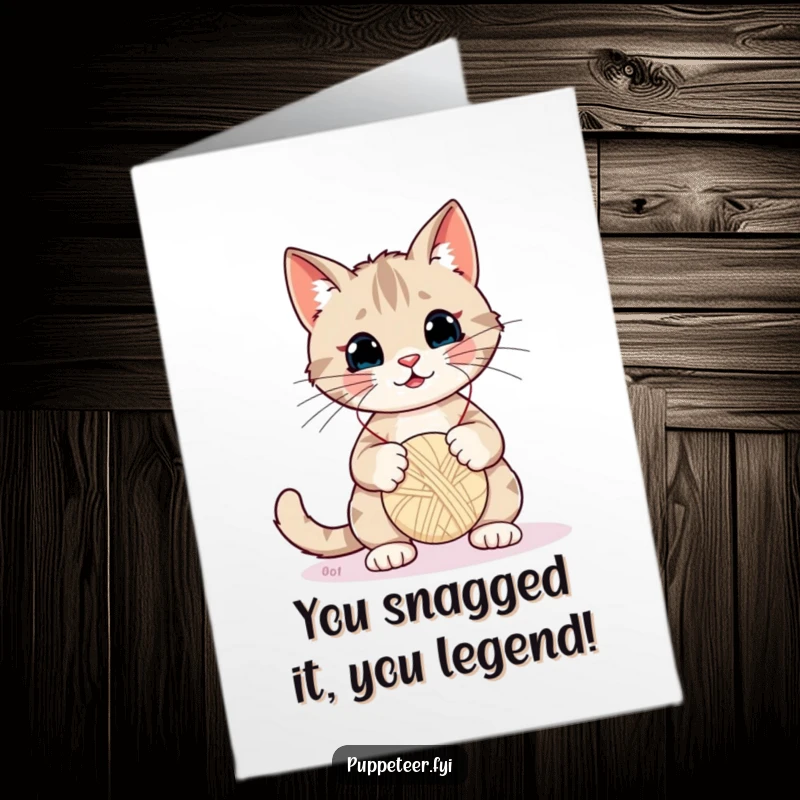 Funny Free Printable Congratulations Card: Cheeky cat wiggling strings, animating a yarn ball puppet with dramatic flair.