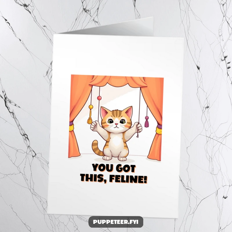 Funny Free Printable Congratulations Card: A curious cat batting at puppet strings in a vibrant theater setting.