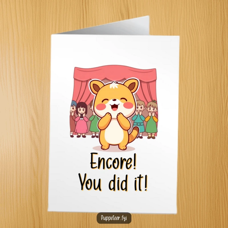 Funny Free Printable Congrats Card of a joyful animal bowing to an applauding puppet audience, a perfect DIY downloadable gift.