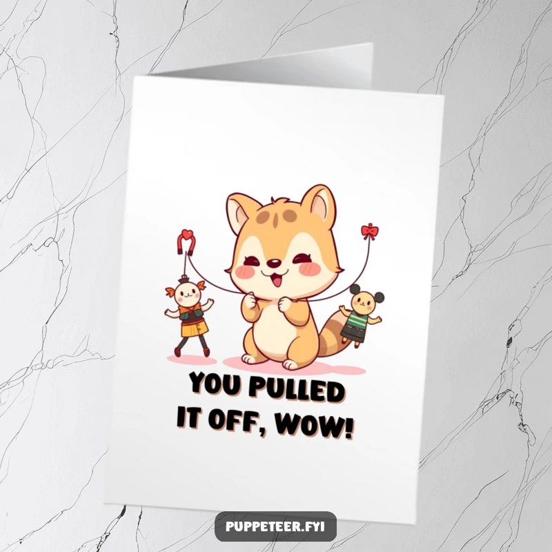 Funny Free Printable Congrats Card: A cute animal character joyfully manipulates strings, dancing toys.
