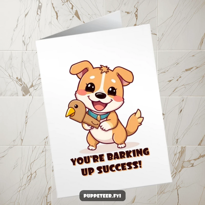Free Printable Congratulations Card: A funny dog gleefully maneuvers a wooden bird puppet, a unique downloadable gift.