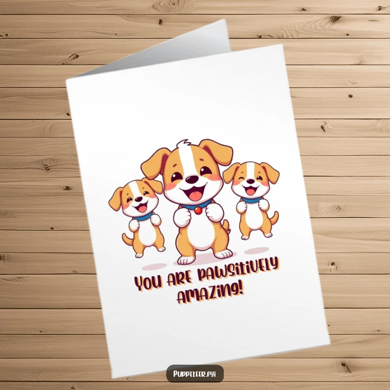 Funny free printable congratulations card featuring an excited dog joyfully operating two energetic dog puppets in celebration.