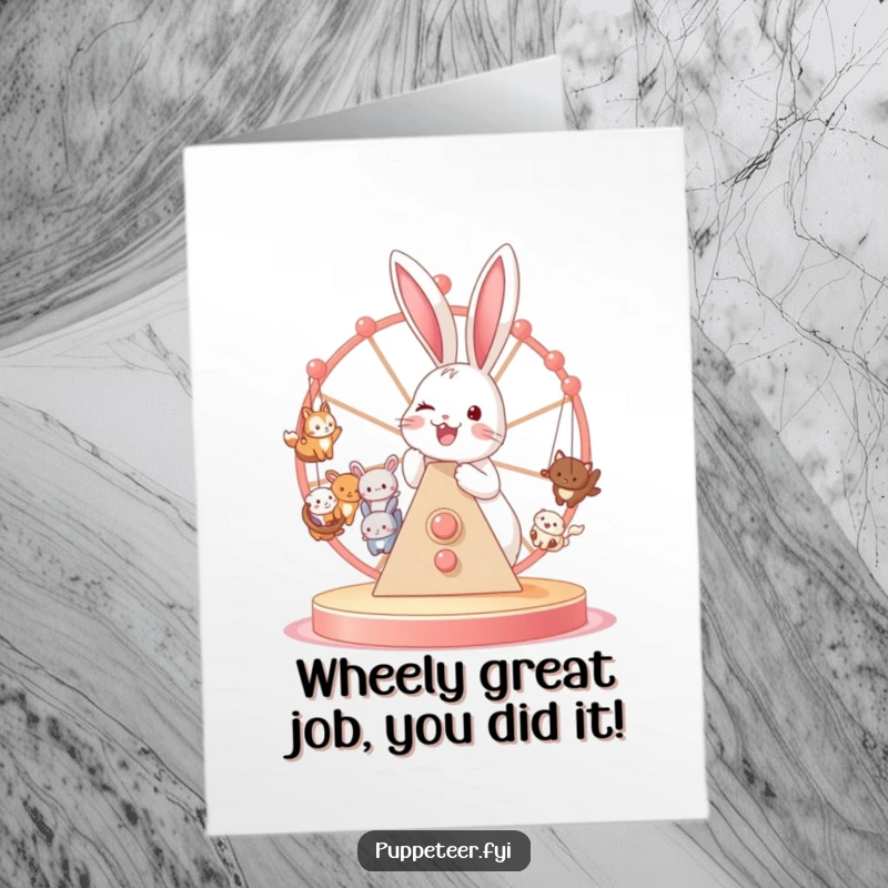Funny Free Printable Congratulations Card: Cheerful bunny operating a puppet Ferris wheel, celebrating with tiny animal friends.