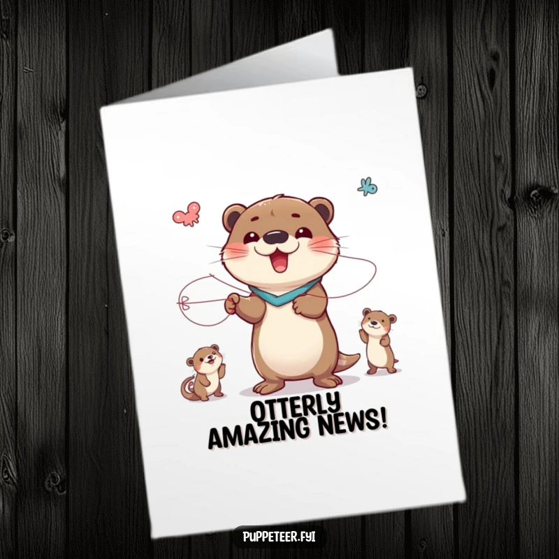 Funny Free Printable Congratulations Card: A delighted otter character masterfully controlling string animals in dramatic poses, celebrating a grand achievement.