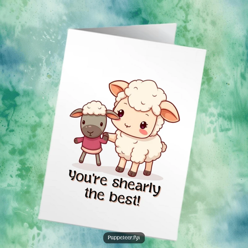 Free Printable Congratulations Card: A caring kawaii sheep uses its hoof to gently steer a sheep puppet, signifying support.