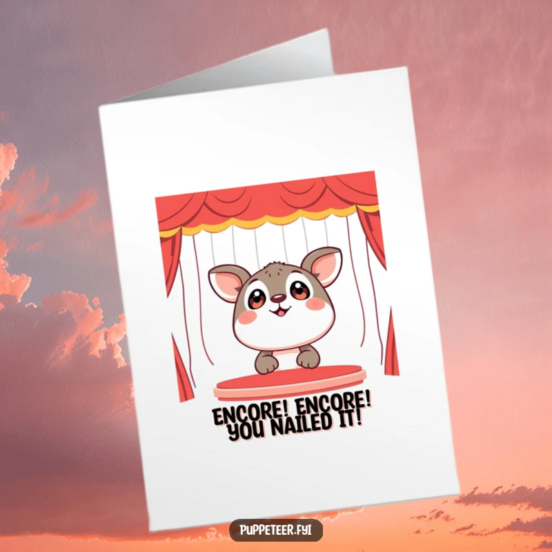 Funny Free Printable Congratulations Card: Happy animal marvels at a lively puppet show, celebrating with wide-eyed wonder.