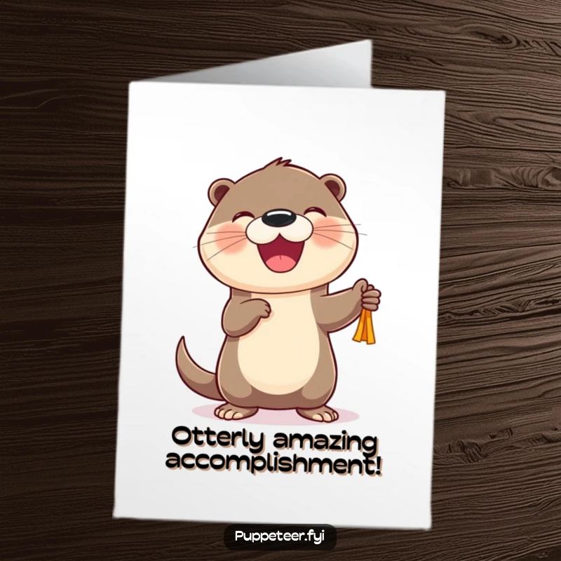 Funny Free Printable Congrats Card: A happy otter makes a small puppet dance with pure joy, celebrating achievements with infectious enthusiasm.