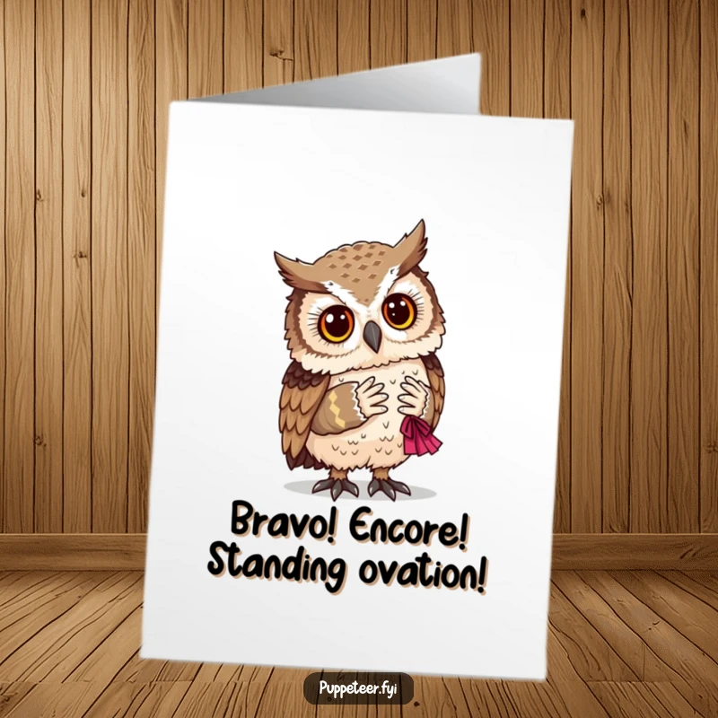 Funny Free Printable Congratulations Card: A wise owl observes a tiny puppet bowing, celebrating achievement with humor.