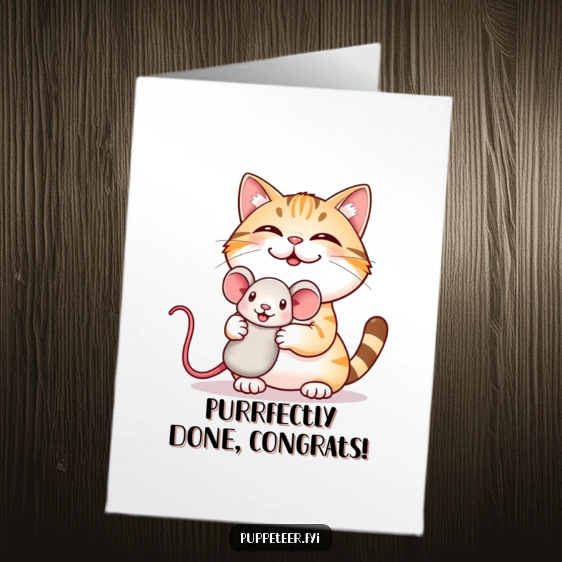 Funny free printable congratulations card of a proud, giggling cat showing off a bouncing mouse puppet, signifying a playful win.