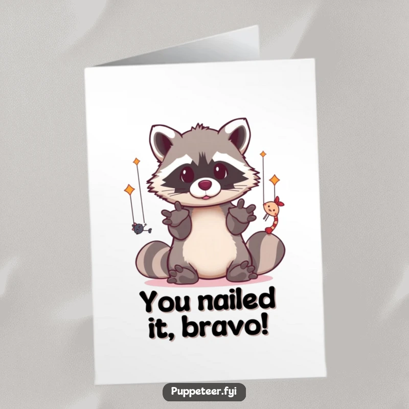 Free Printable Congratulations Card: A kawaii raccoon with quick paws makes several puppets dance, celebrating success with flair.