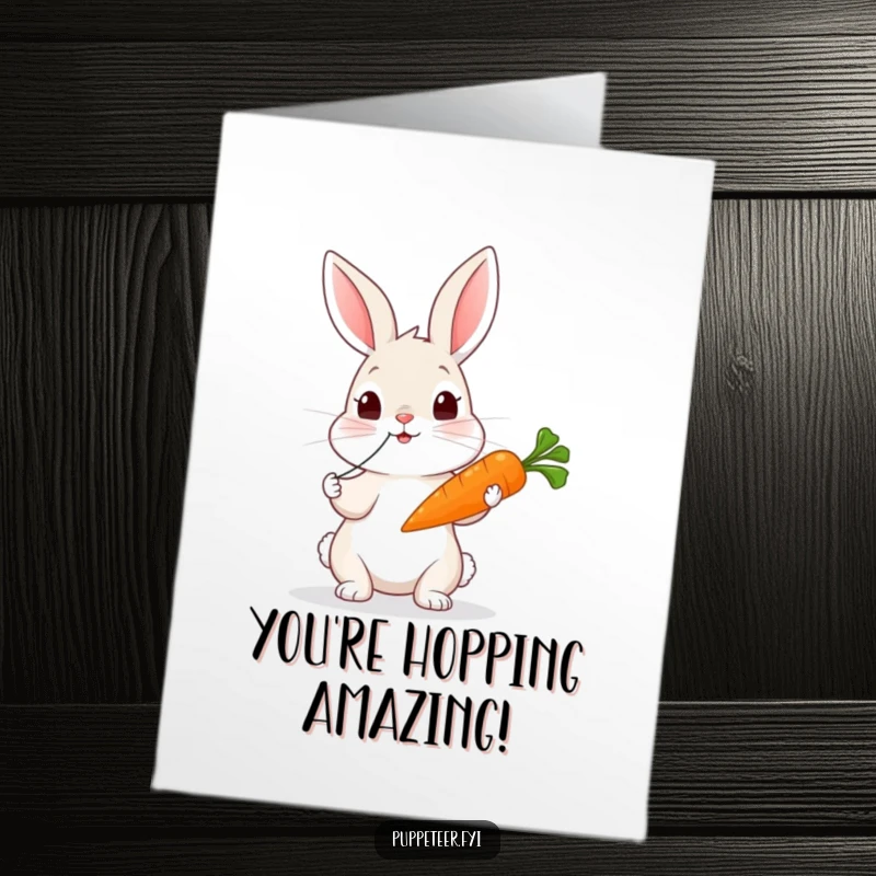 Free Printable Congratulations Card: A rabbit artistically wiggles a carrot puppet using strings, a unique downloadable surprise.
