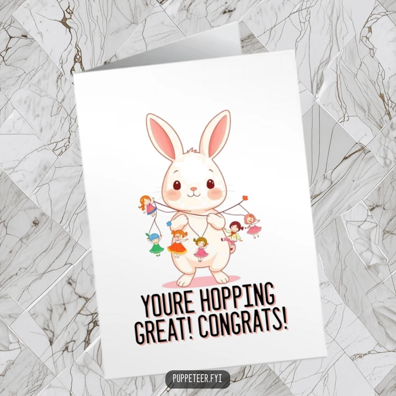 Funny Free Printable Congratulations Card: A kawaii rabbit holds strings, making small dolls perform a happy, celebratory dance for a big win.