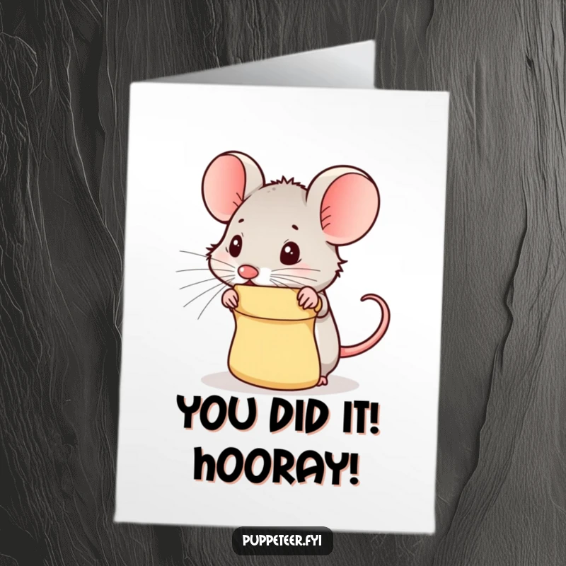 Funny Free Printable Congratulations Card: A cheeky mouse peeks from behind a puppet, ready to celebrate achievements with a squeaky cheer.