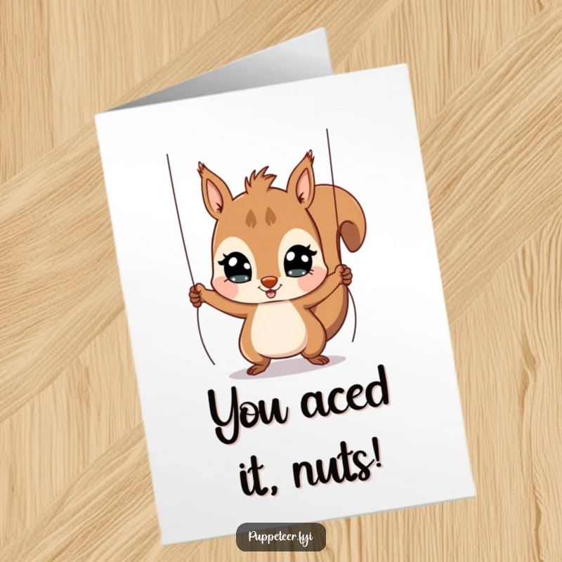 Funny Free Printable Congrats Card: A wide-eyed squirrel playfully pulls strings, making a puppet jump high to celebrate a fantastic accomplishment.