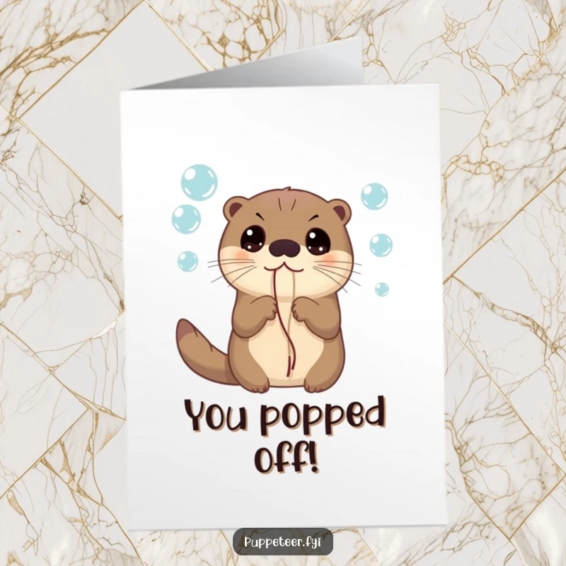 Funny free printable congratulations card: a curious otter with wide eyes holding strings attached to bubbles.