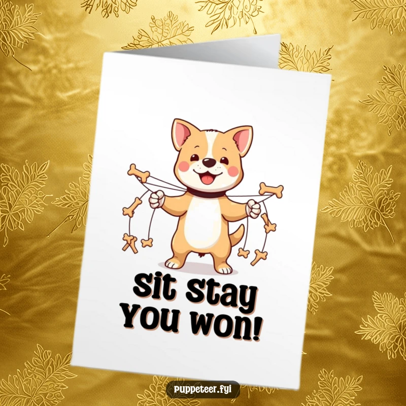 Funny Free Printable Congratulations Card: A proud dog orchestrates a march of tiny bone puppets, celebrating their amazing achievement.