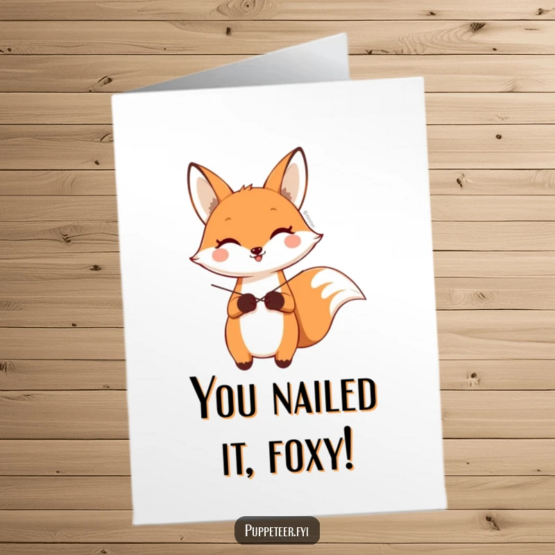 Funny Free Printable Congratulations Card with a fox puppet master making a sock puppet wave, perfect for celebrating success.