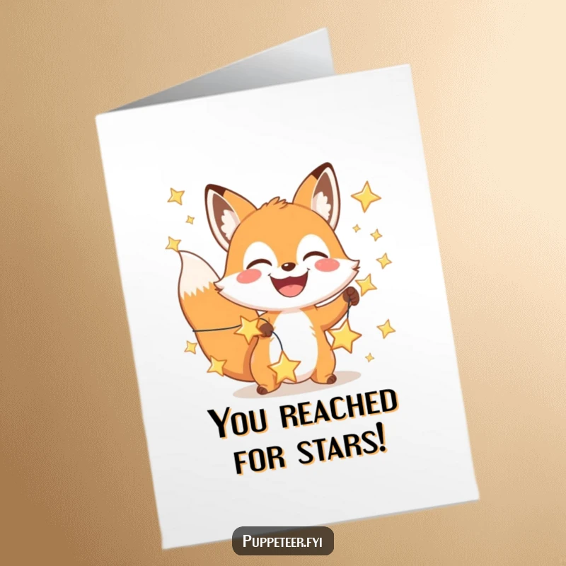 Funny Free Printable Congratulations Card: A grinning fox expertly controls a string of shining stars, celebrating their stellar achievement.