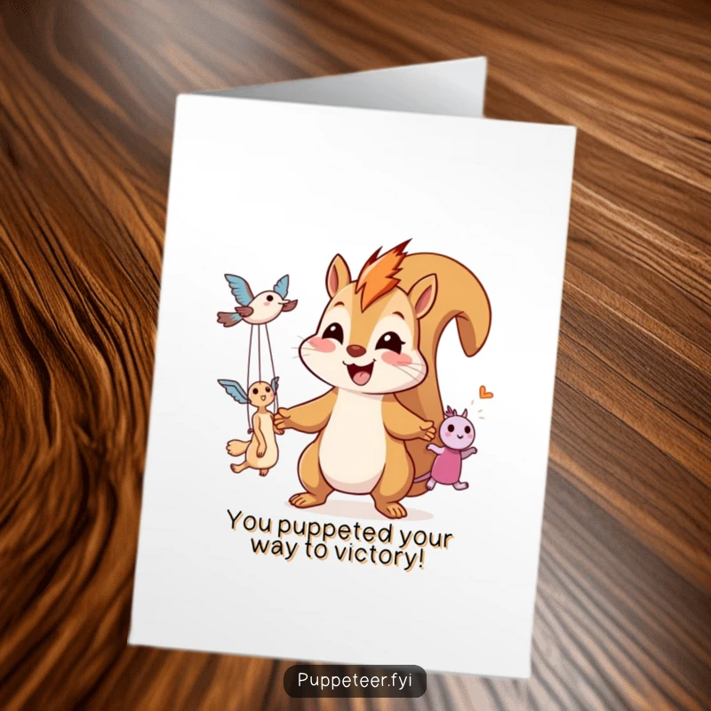 Funny Free Printable Congrats Card: A giggling squirrel puppet master with a wide smile expertly controls two playful flying puppets, celebrating success.