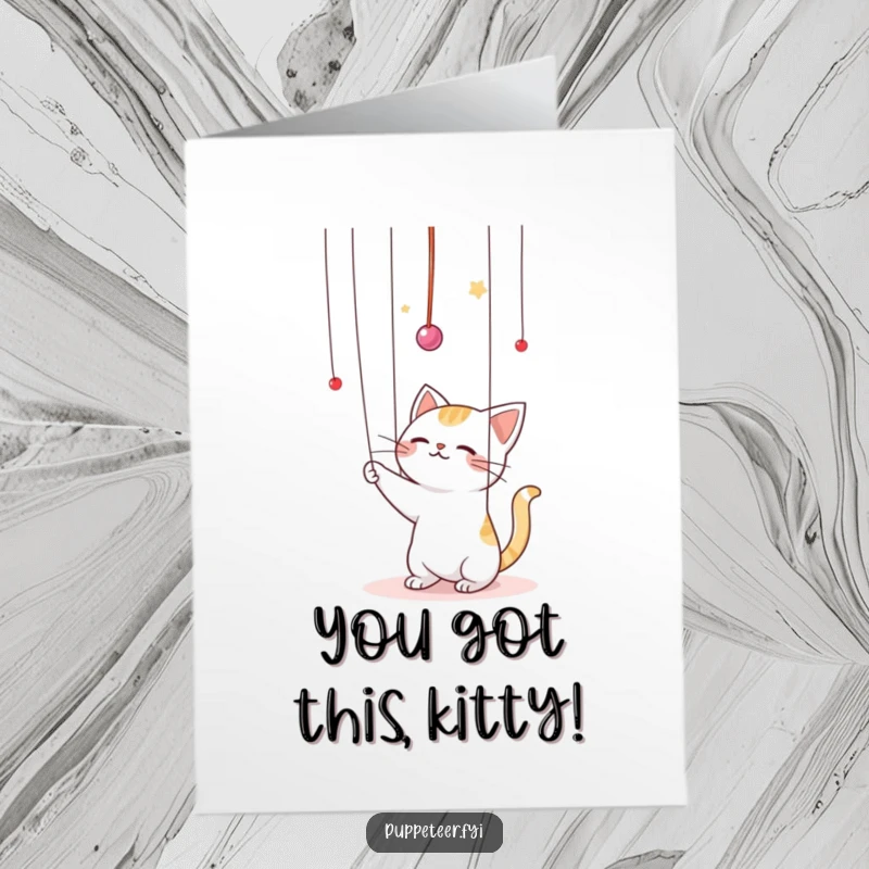 Funny free printable congratulations card showing a cute kawaii cat playfully swatting at dangling puppet strings, full of playful energy.
