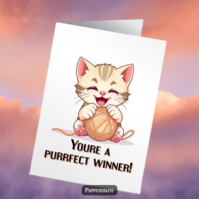 Funny Free Printable Congratulations Card: A mischievous kitten gleefully bats at a yarn ball, celebrating their accomplishments with playful energy.