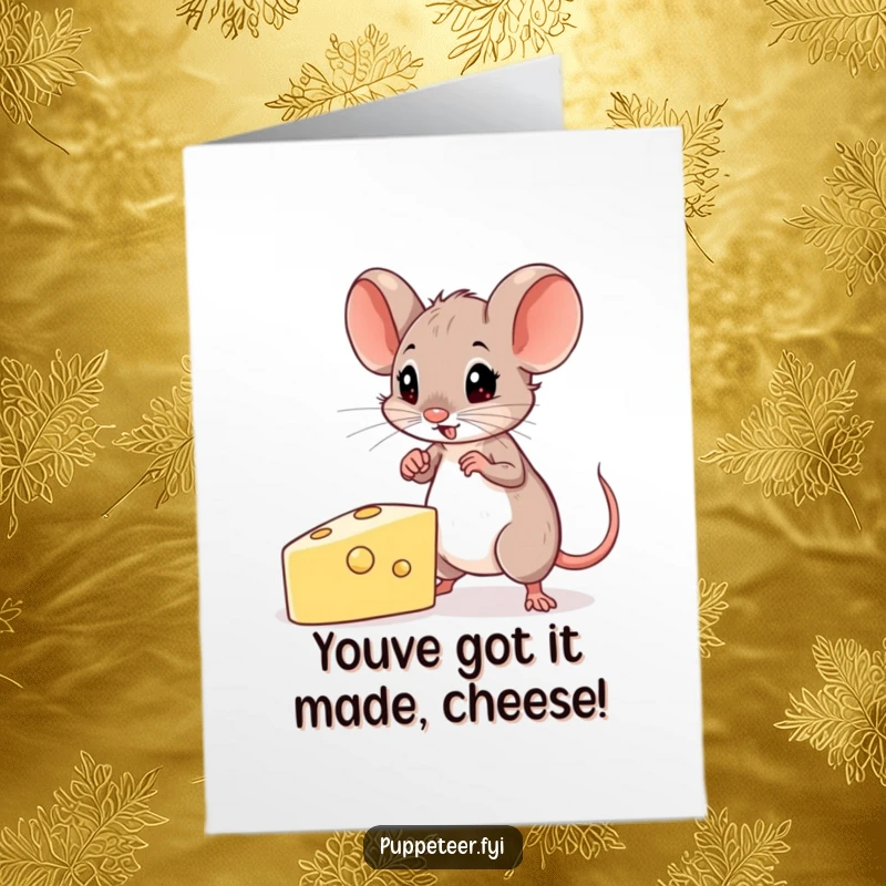Funny Free Printable Congratulations Card: A focused mouse skillfully maneuvers a delightful cheese puppet.
