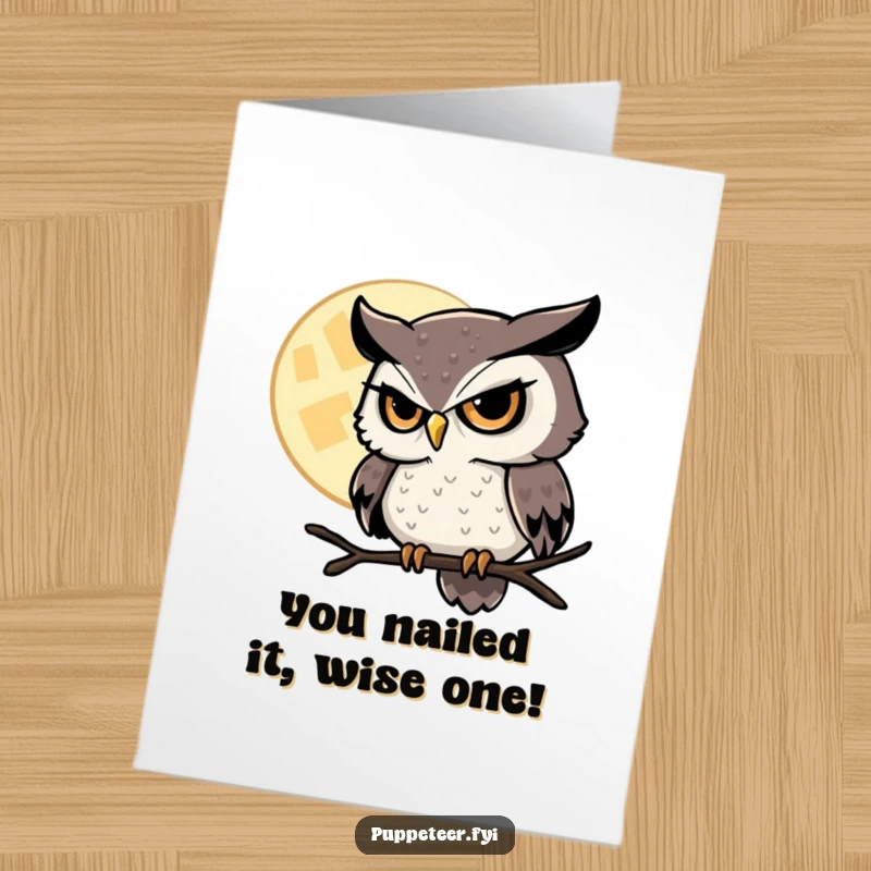 Funny Free Printable Congratulations Card: A mischievous owl appears to control a hovering moon with a knowing look.
