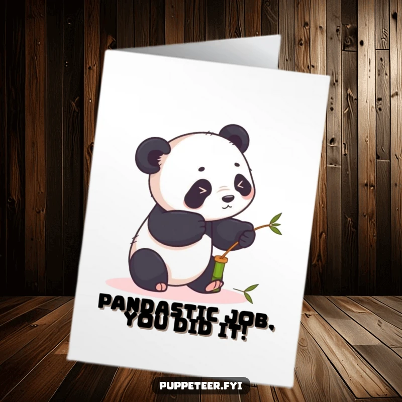 Funny Free Printable Panda Congratulations Card: Playful panda animates bamboo puppet with sticks, cheering achievements.