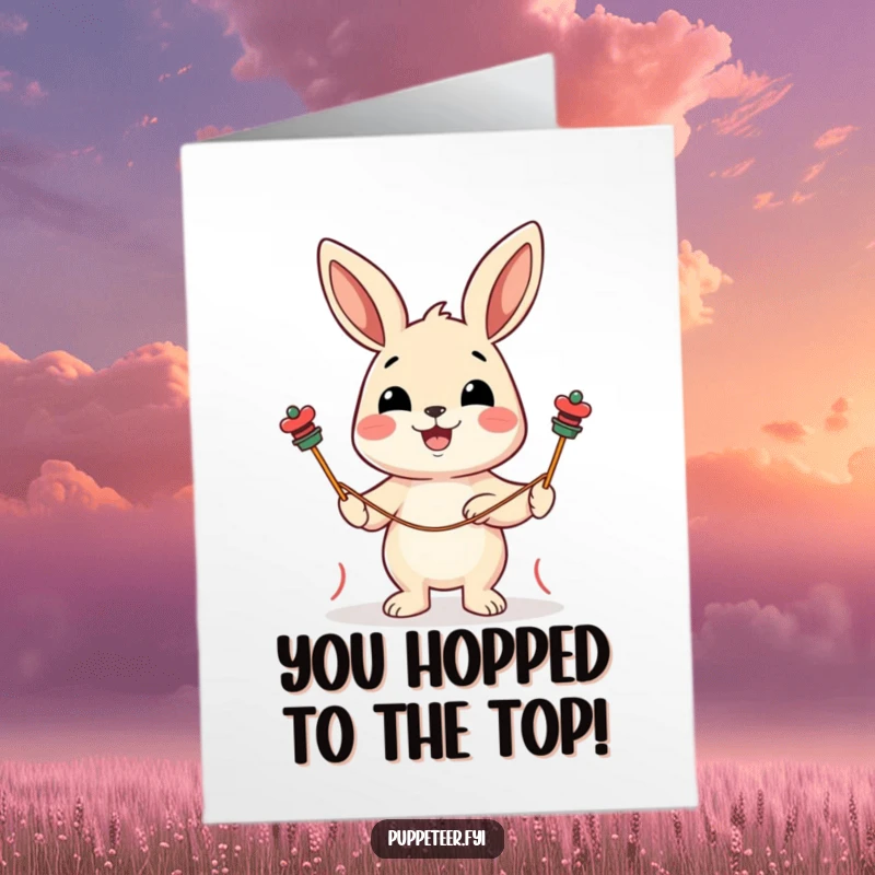 Funny Free Printable Congratulations Card featuring a delighted rabbit guiding string puppets, perfect for cheering on achievements.
