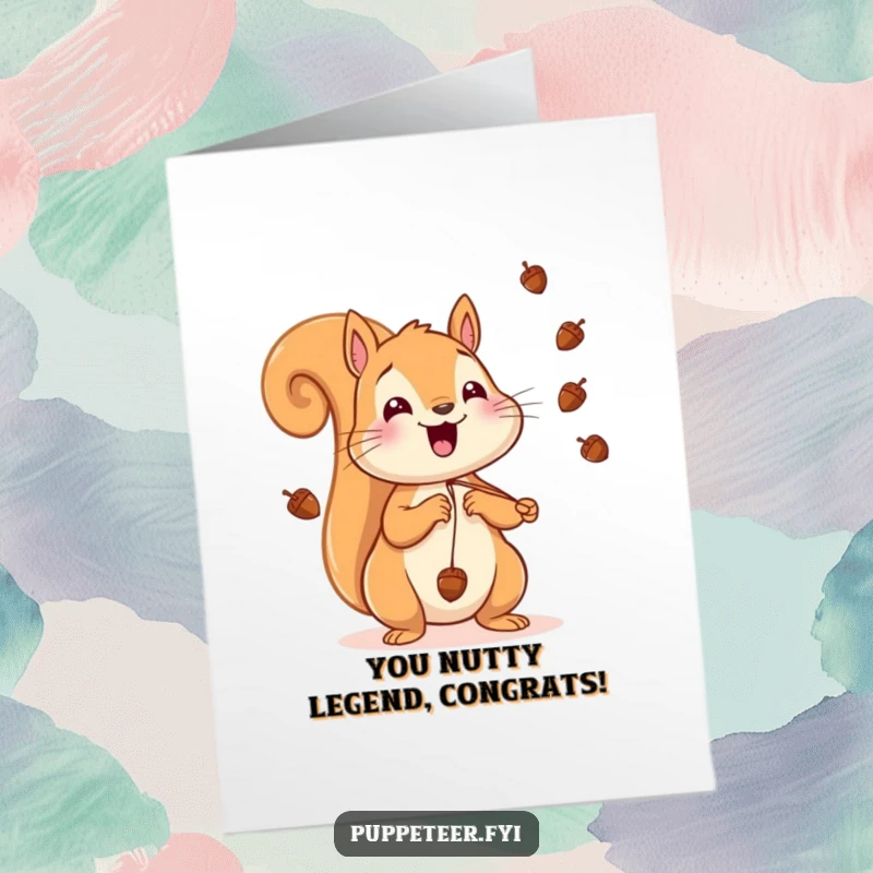 Funny Free Printable Congratulations Card: A happy squirrel energetically makes acorns fly with dangling strings.
