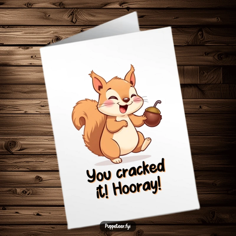 Funny free printable congrats card: a giggling squirrel making a nut puppet dance, celebrating a fantastic and perhaps unexpected achievement.