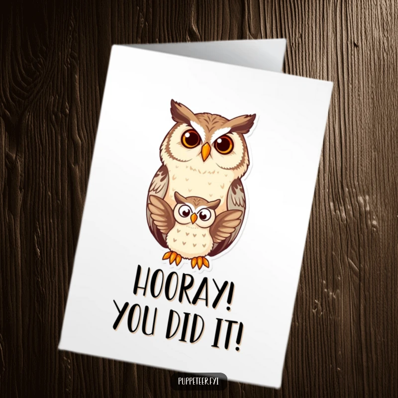 Funny Free Printable Owl Congratulations Card: Contented owl watches puppet flap, celebrating success with humor.