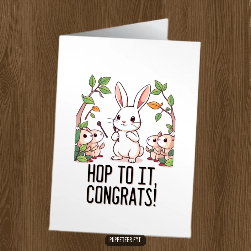 Funny Free Printable Congratulations Card: A determined rabbit conducting leaf puppets with a tiny baton, orchestrating a grand success.
