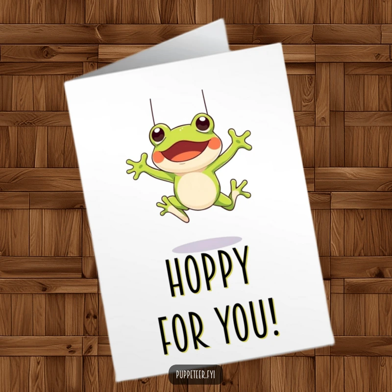 Funny Free Printable Congratulations Card: A cheerful frog character leaping, its puppet mirroring the energetic jump controlled by strings.
