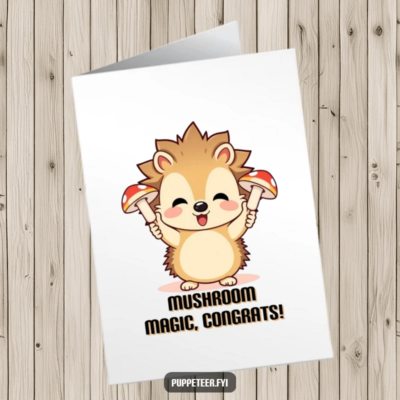 Funny Free Printable Congratulations Card: A playful hedgehog expertly controlling two giggling mushroom puppets, celebrating an achievement.