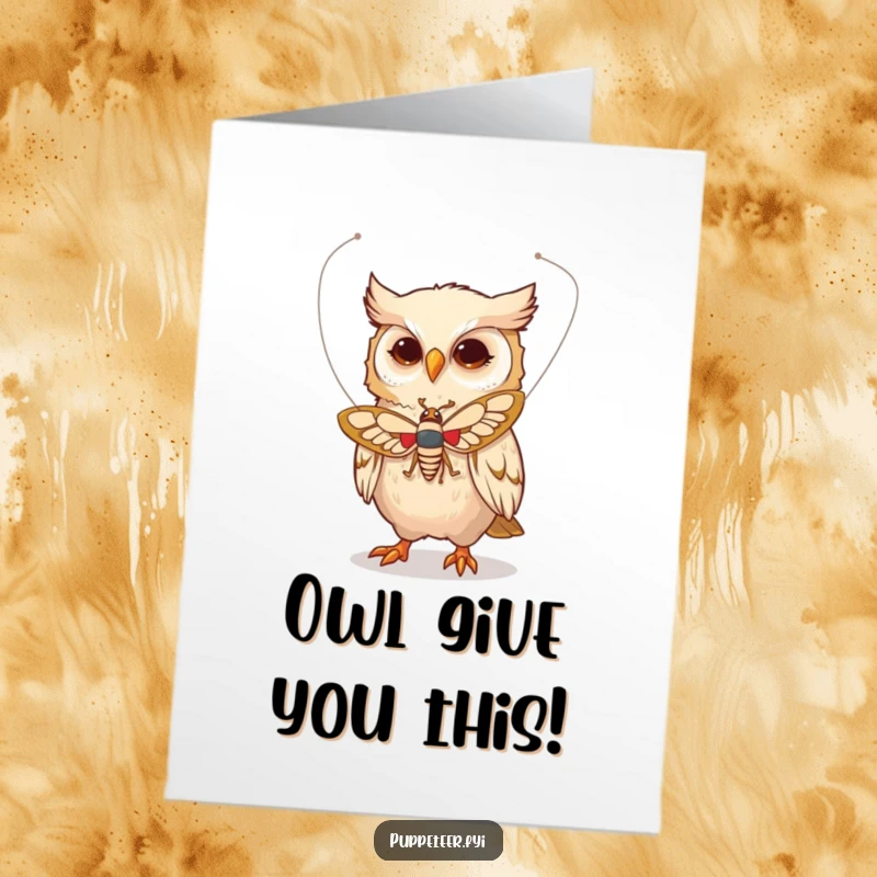 Funny Free Printable Congratulations Card: Whimsical owl character animating a moth puppet's flight with delicate strings, celebrating a new beginning.