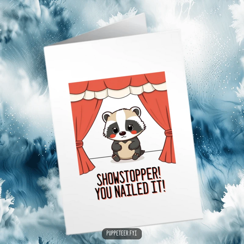 Funny free printable congratulations card featuring a dedicated badger skillfully managing a puppet show stage for its puppets.