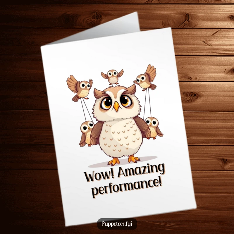 Funny free printable congratulations card showing a stunned owl gazing upwards as its puppet owls execute impressive acrobatic stunts.