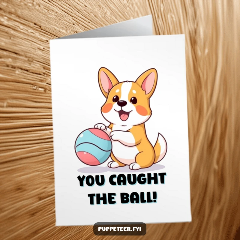 Funny Free Printable Congratulations Card: Curious corgi wagging its tail, expertly playing with a bouncing ball puppet.
