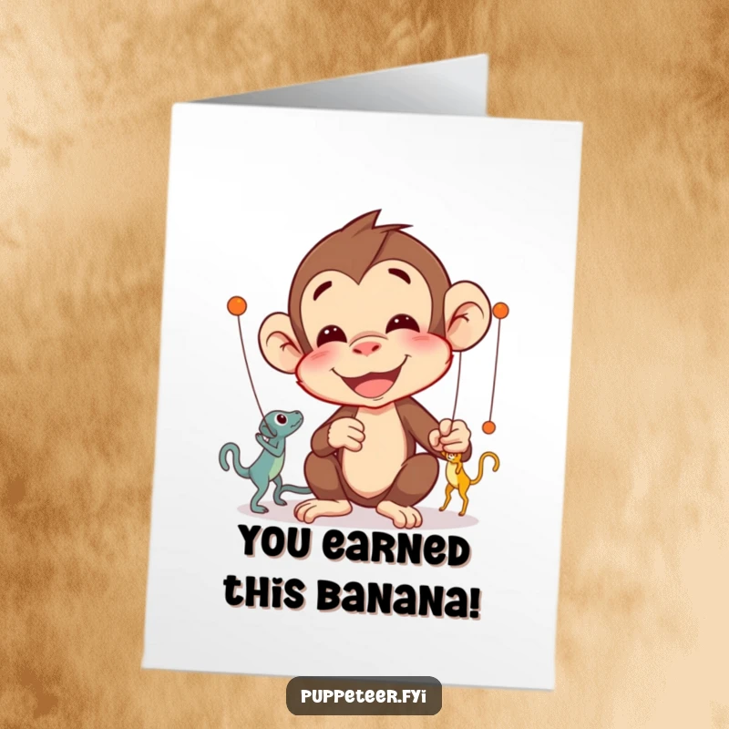 Funny Free Printable Congrats Card: A delighted monkey meticulously controls puppets, celebrating success with impressive focus and intricate skill.