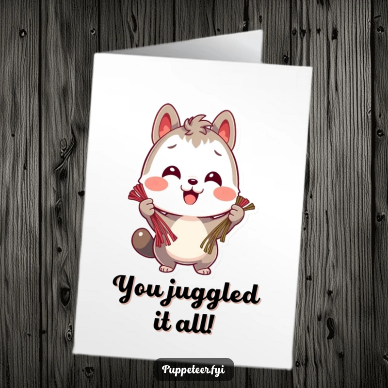Funny Free Printable Congrats Card: A smiling animal character holds multiple strings with a cheerful, focused expression.